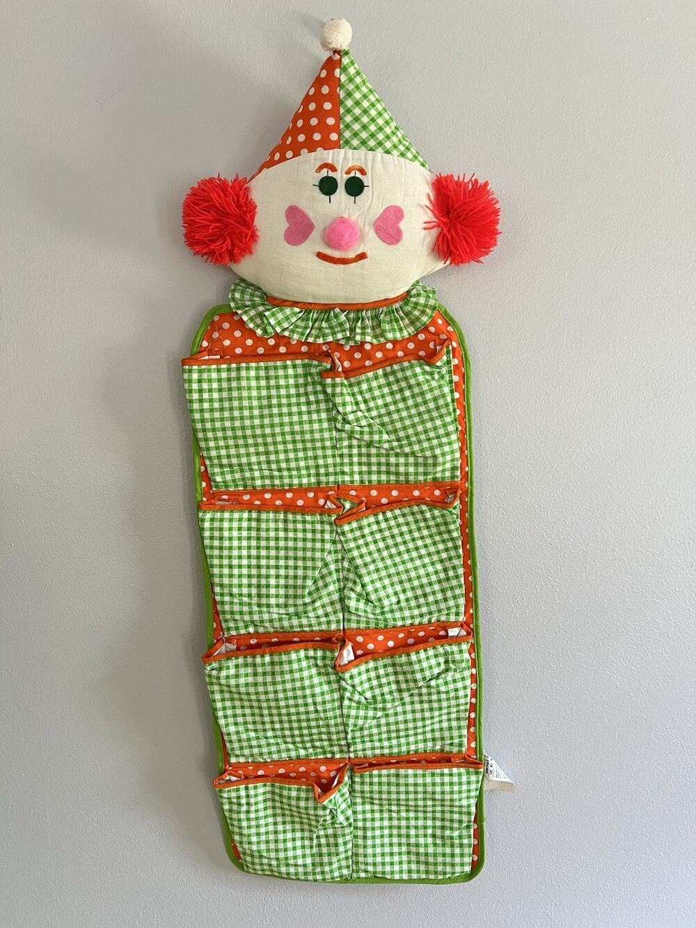 Vintage Clown Plush Hanging Fabric Toys Wall Pocket Organizer Green Orange Retro